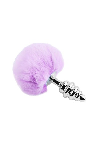 Серебристая анальная пробка с сиреневым мехом Metal Anal Fluffly Twist Plug L