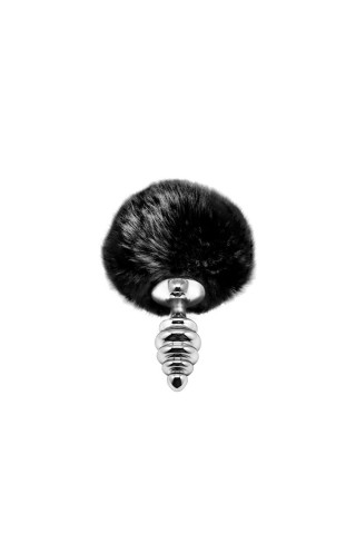 Серебристая анальная пробка с черным хвостиком Metal Anal Fluffly Twist Plug S