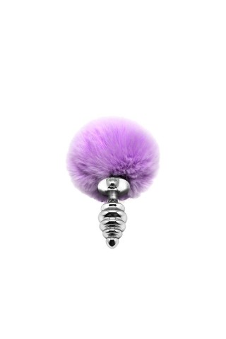 Серебристая анальная пробка с сиреневым помпоном Metal Anal Fluffly Twist Plug S