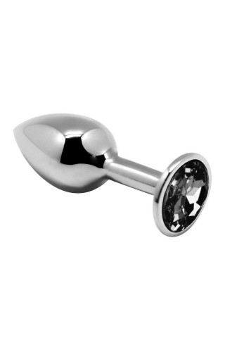 Серебристая анальная втулка с черным кристаллом Mini Metal Butt Plug Size S - 7 см.