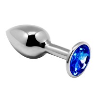 Серебристая анальная втулка с синим кристаллом Mini Metal Butt Plug Size S - 7 см.