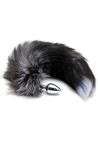 Серебристая анальная пробка с темным лисьим хвостом Black & White Fox Tail Size S