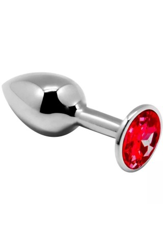 Серебристая анальная втулка с красным кристаллом Mini Metal Butt Plug Size S - 7 см.
